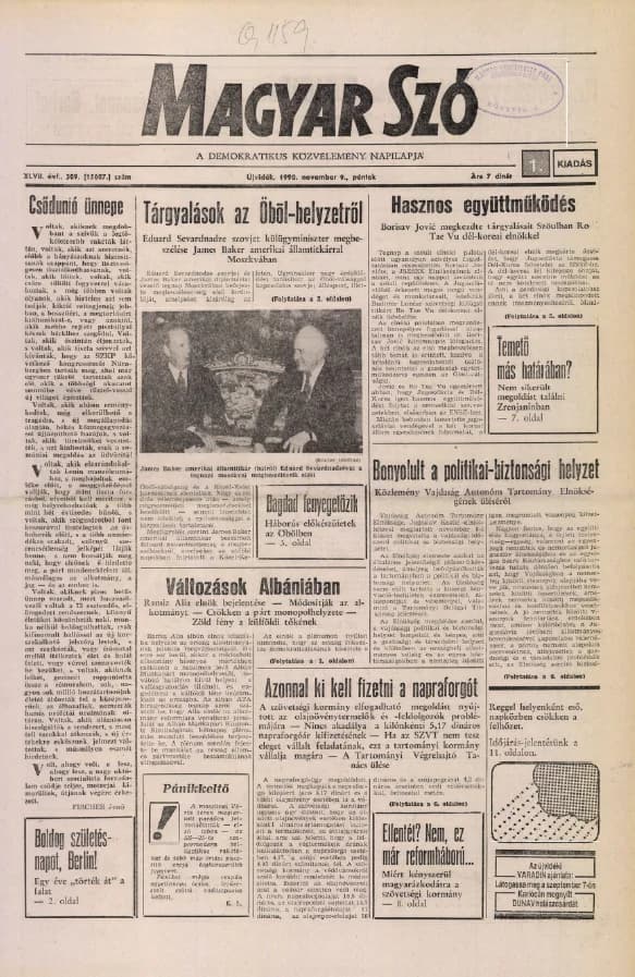 Magyar Szó, 47. évf. 1990. november 9. 309. sz. 1–20. oldal
