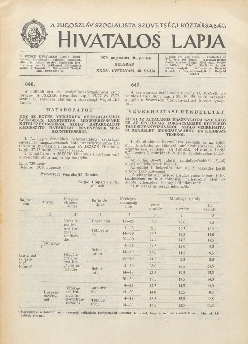 A Jugoszláv Szocialista Szövetségi Köztársaság Hivatalos Lapja, 35. évf. 1979. augusztus 10. 40. sz. 1257–1264. oldal