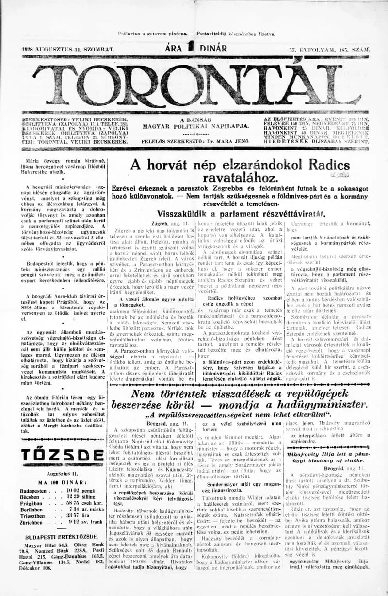 Torontál, 57. évf. 1928. augusztus 11. 185. sz.