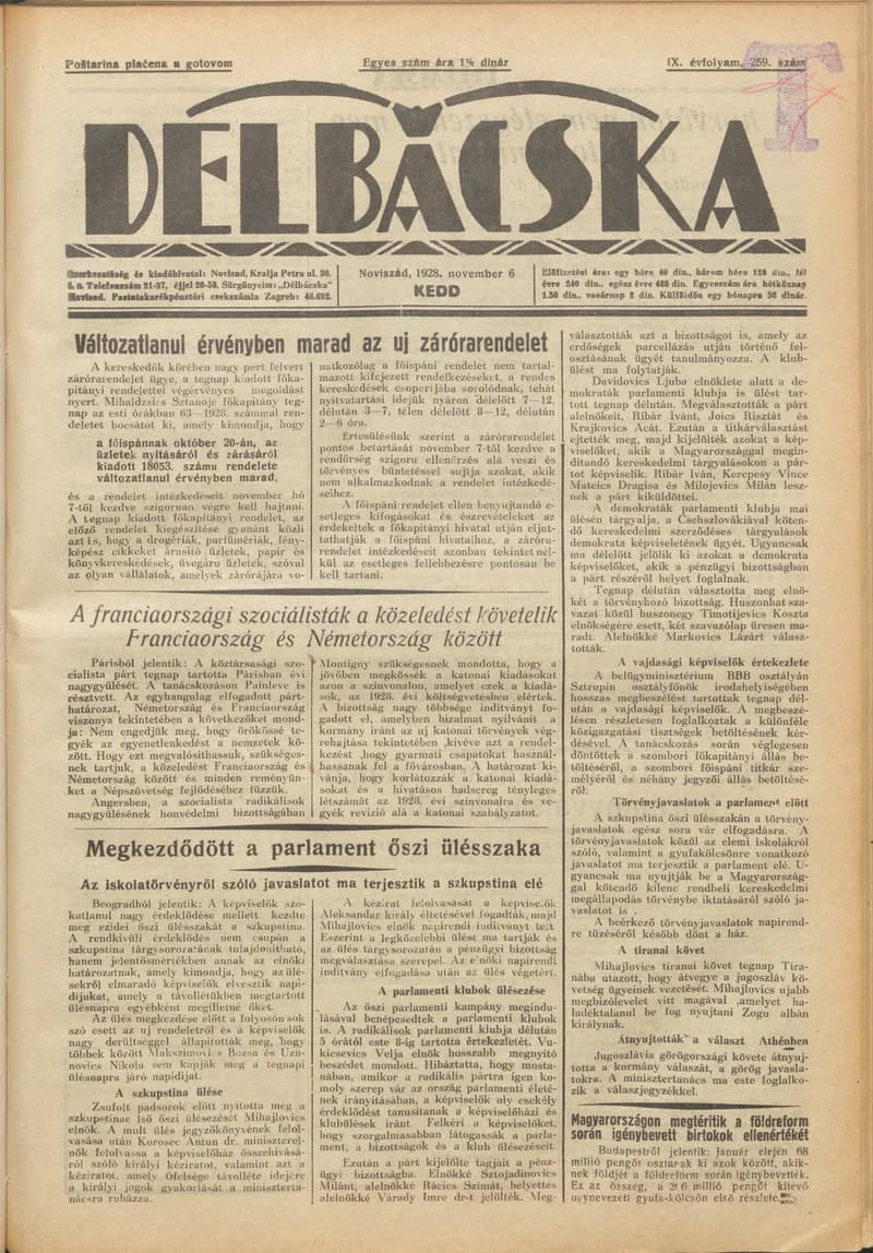 Délbácska, 9. évf. 1928. november 6. 259. sz.