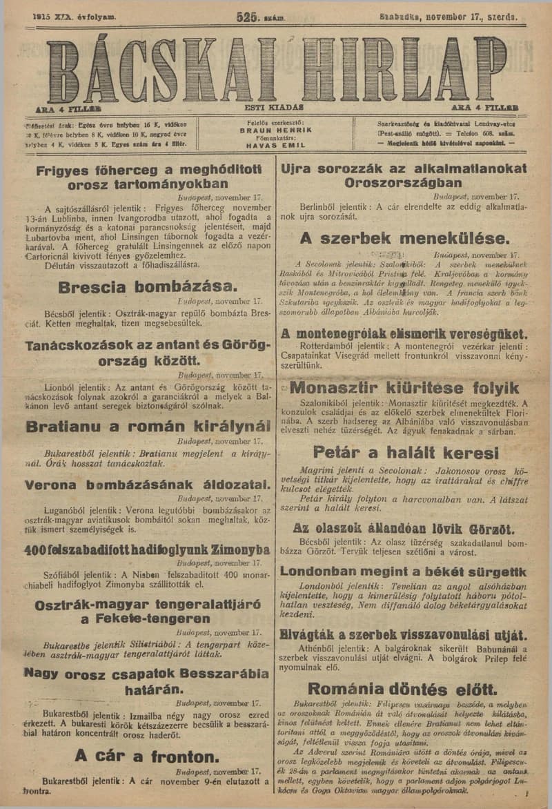 Bácskai Hirlap, 19. évf. 1915. november 17. 525. sz.
