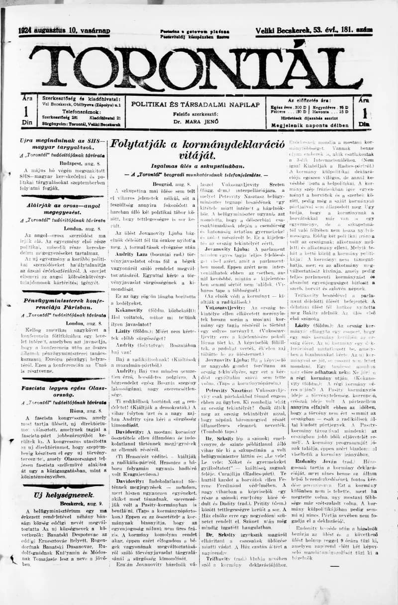 Torontál, 53. évf. 1924. augusztus 10. 181. sz.