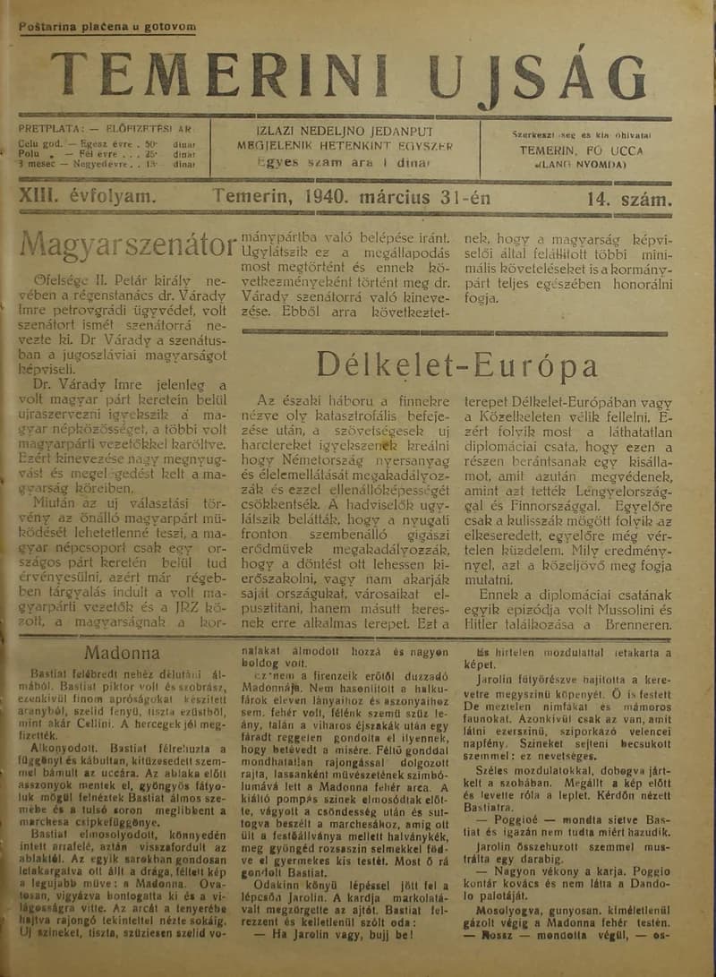 Temerini Újság 1928-1944, 13. évf. 1940. március 31. 14. sz.