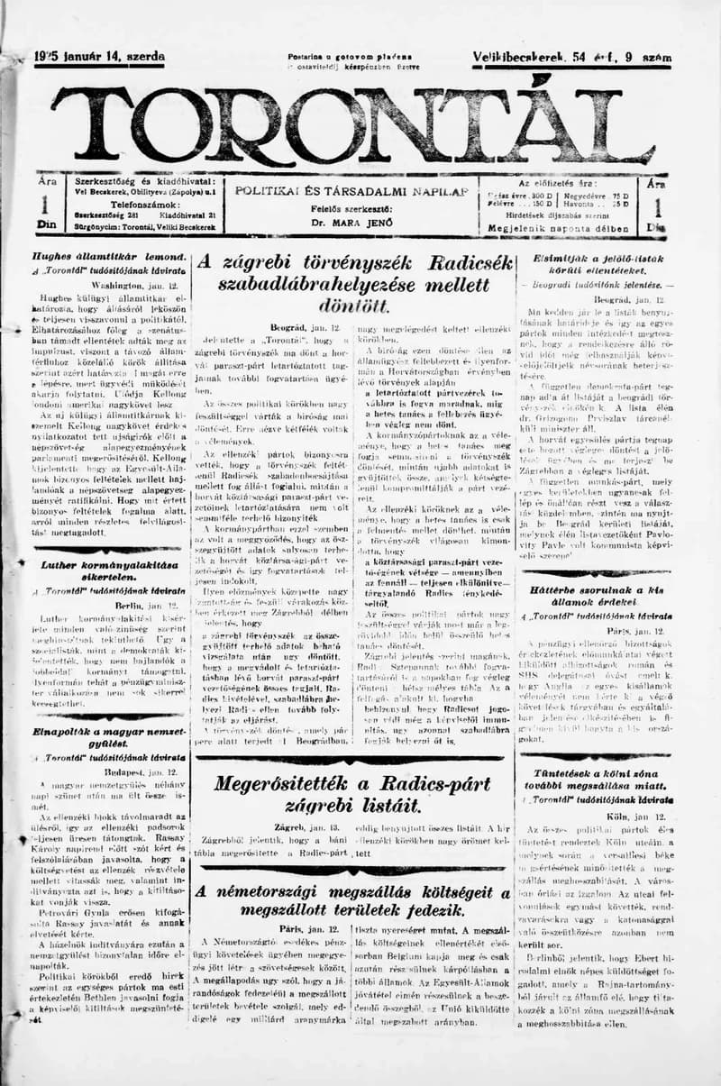 Torontál, 54. évf. 1925. január 14. 9. sz.