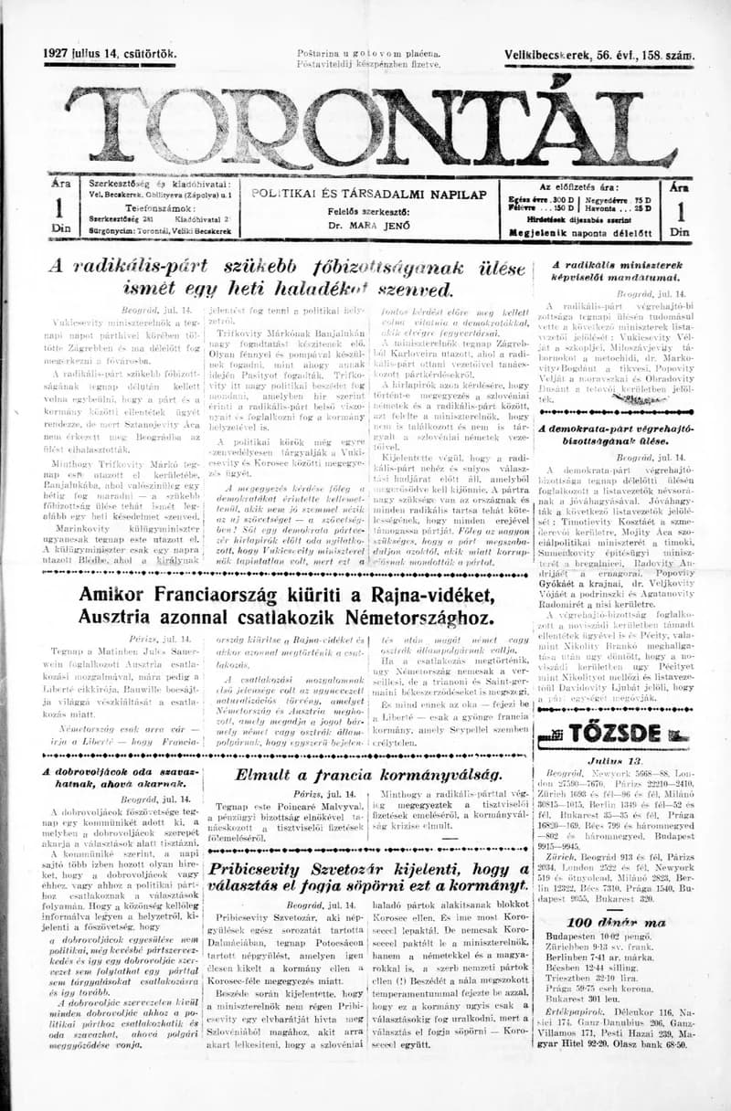Torontál, 56. évf. 1927. július 14. 158. sz.