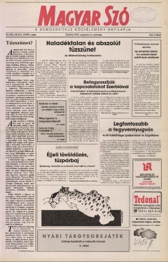 Magyar Szó, 48. évf. 1991. augusztus 4. 212. sz. 1–28. oldal
