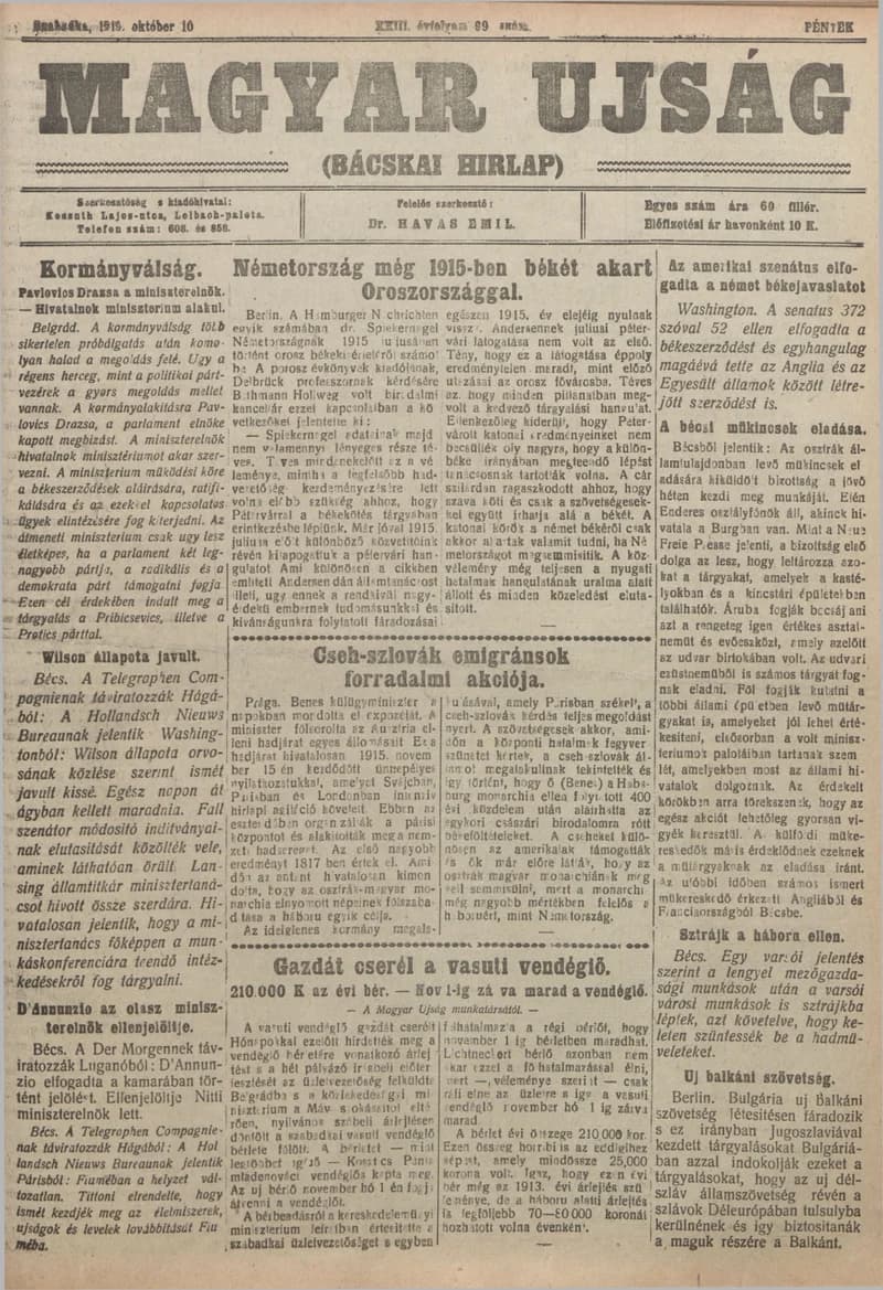 Bácskai Hirlap, 23. évf. 1919. október 10. 99. sz.