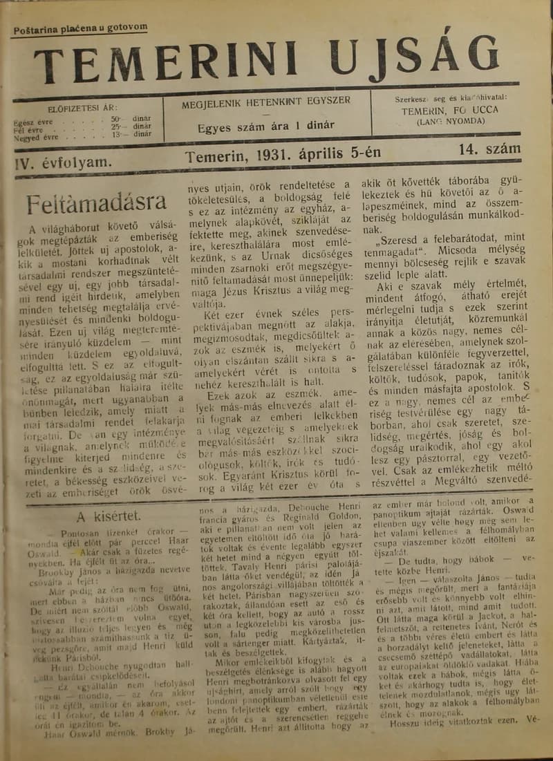 Temerini Újság 1928-1944, 4. évf. 1931. április 5. 14. sz.