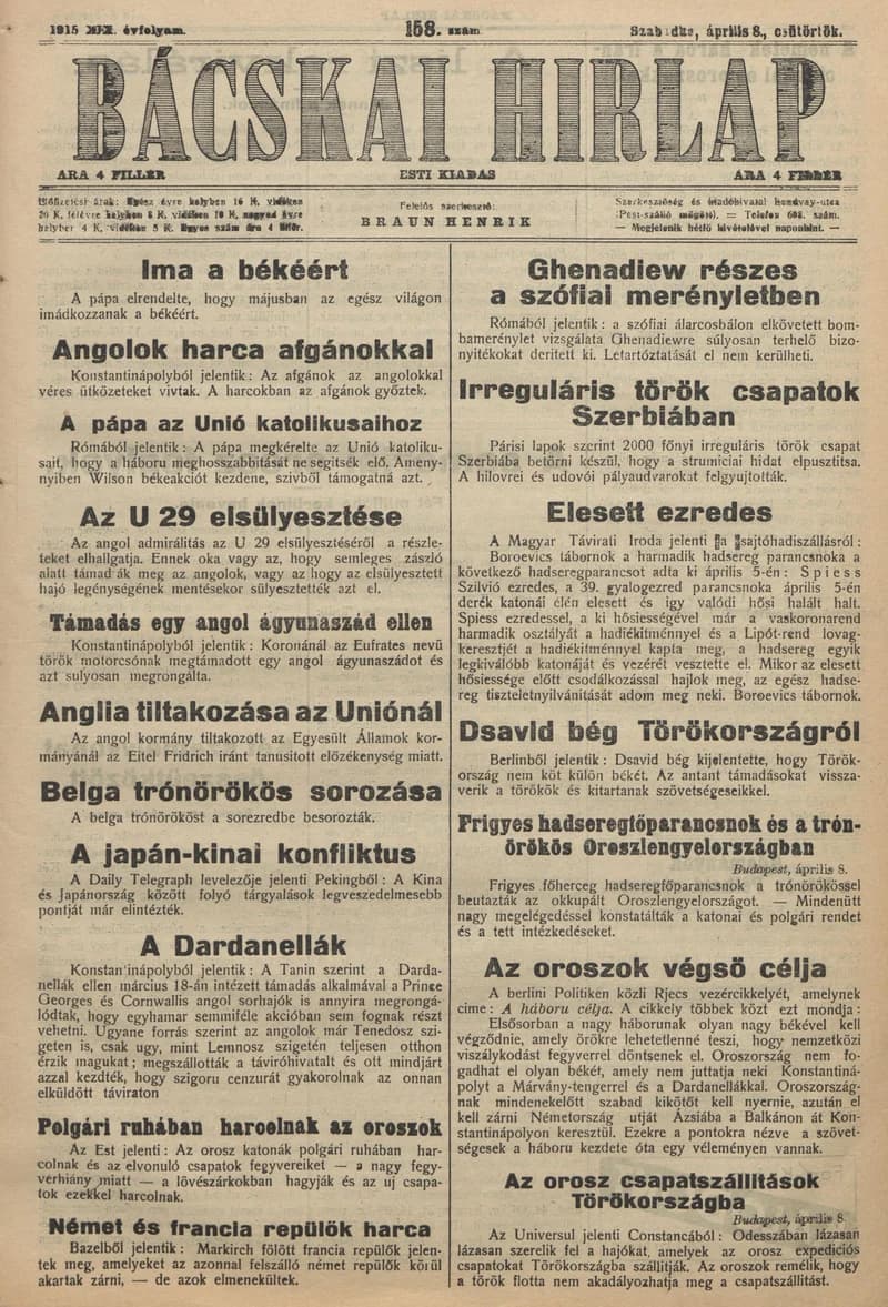 Bácskai Hirlap, 19. évf. 1915. április 8. 158. sz.