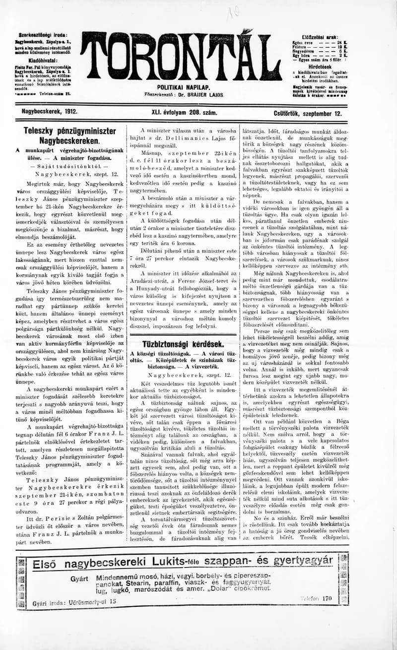 Torontál, 41. évf. 1912. szeptember 12. 208. sz.