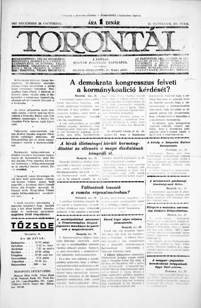 Torontál, 56. évf. 1927. december 29. 298. sz.