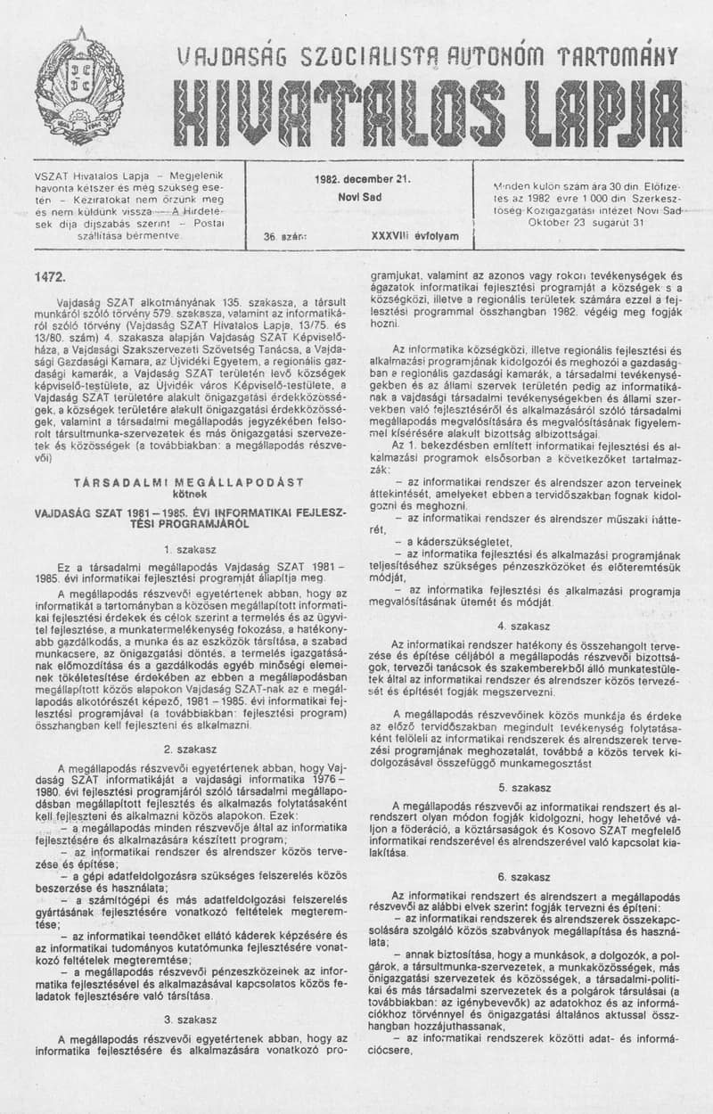 Vajdaság Szocialista Autonóm Tartomány Hivatalos Lapja, 38. évf. 1982. december 21. 36. sz.