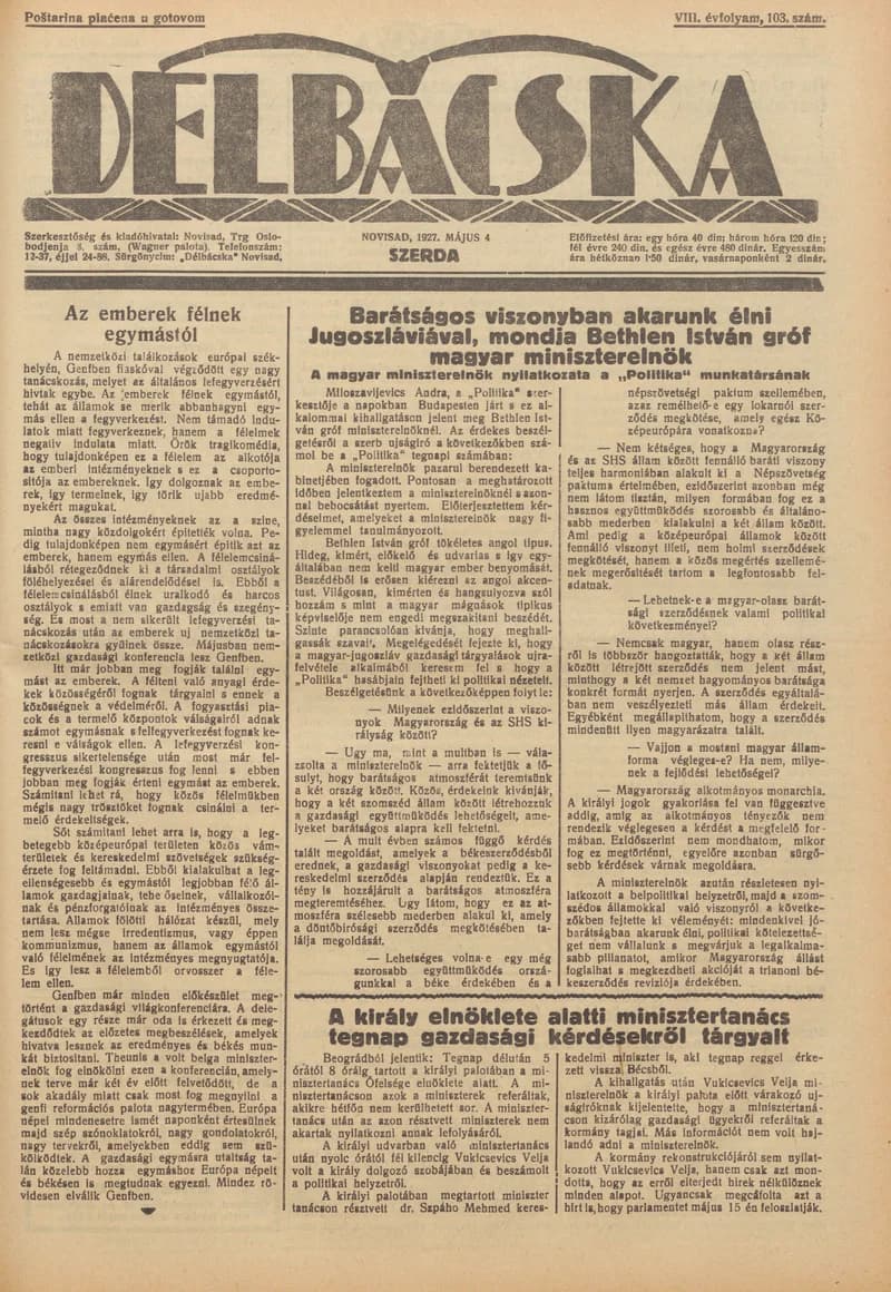Délbácska, 8. évf. 1927. május 4. 103. sz.