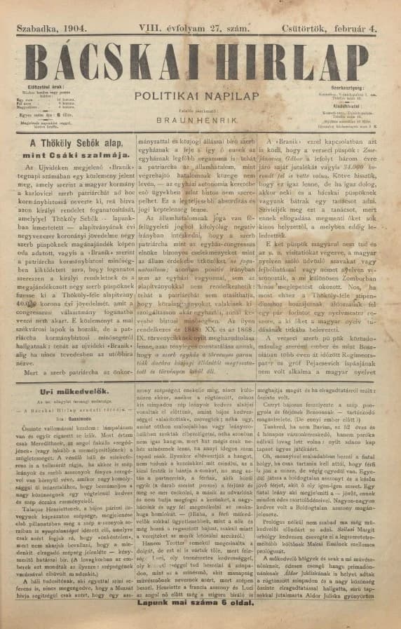 Bácskai Hirlap, 8. évf. 1904. február 4. 27. sz.