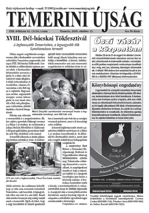 Temerini Újság, 22. évf. 2016. október 13. 41. sz.