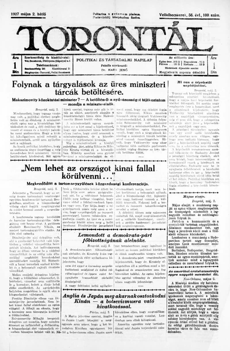 Torontál, 56. évf. 1927. május 2. 100. sz.