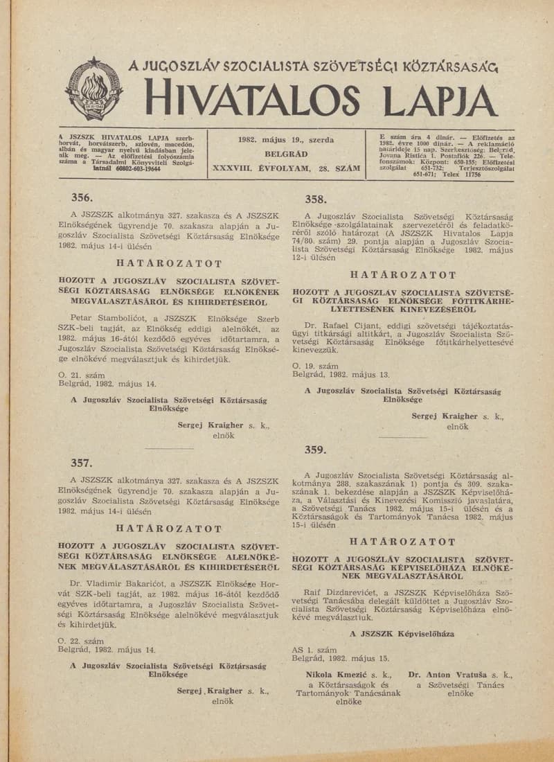 A Jugoszláv Szocialista Szövetségi Köztársaság Hivatalos Lapja, 38. évf. 1982. május 19. 28. sz. 845–852. oldal