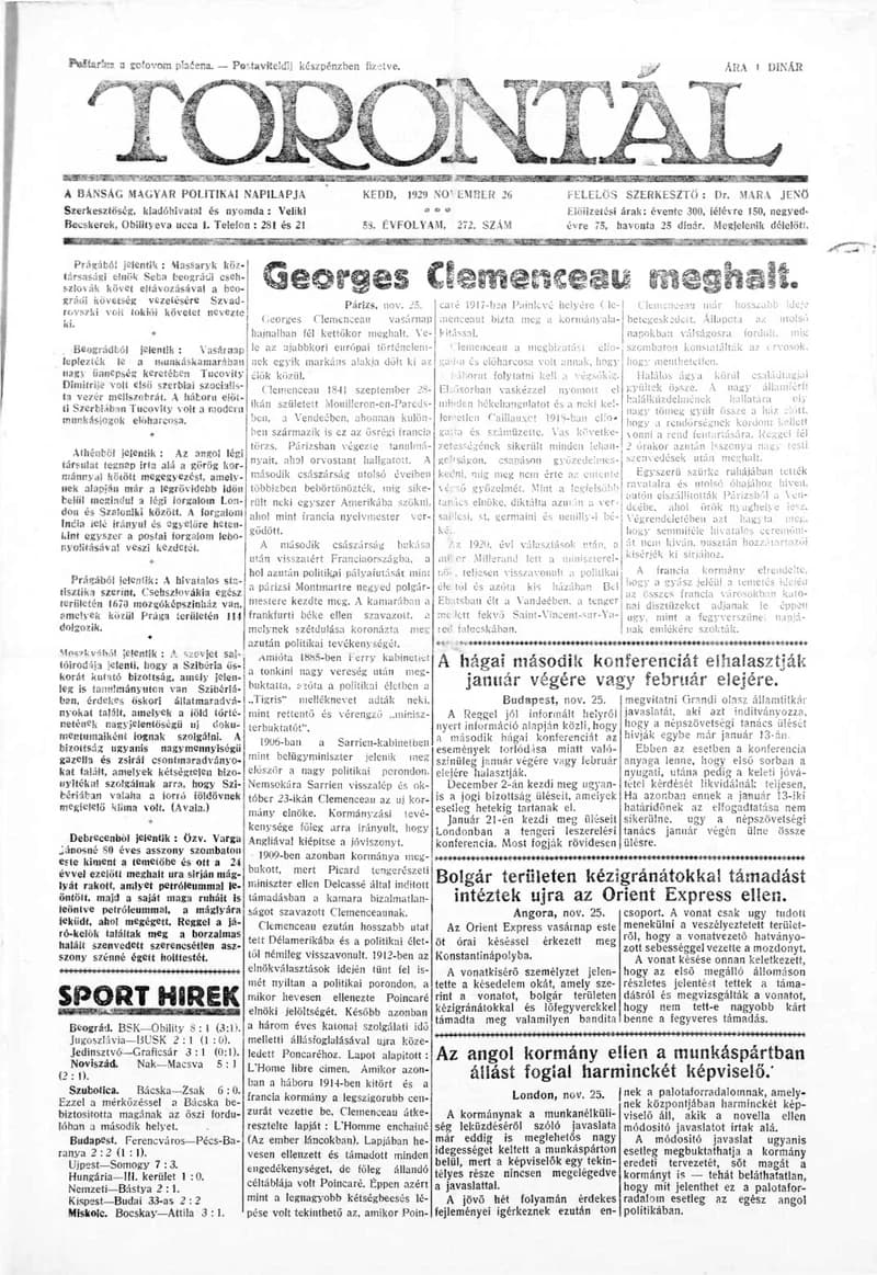 Torontál, 58. évf. 1929. november 26. 272. sz.