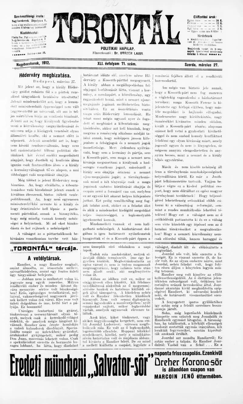 Torontál, 41. évf. 1912. március 27. 71. sz.