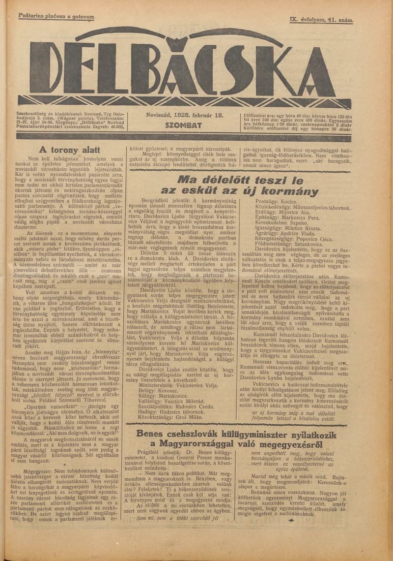 Délbácska, 9. évf. 1928. február 18. 41. sz.