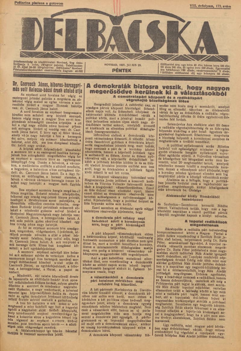 Délbácska, 8. évf. 1927. július 29. 173. sz.