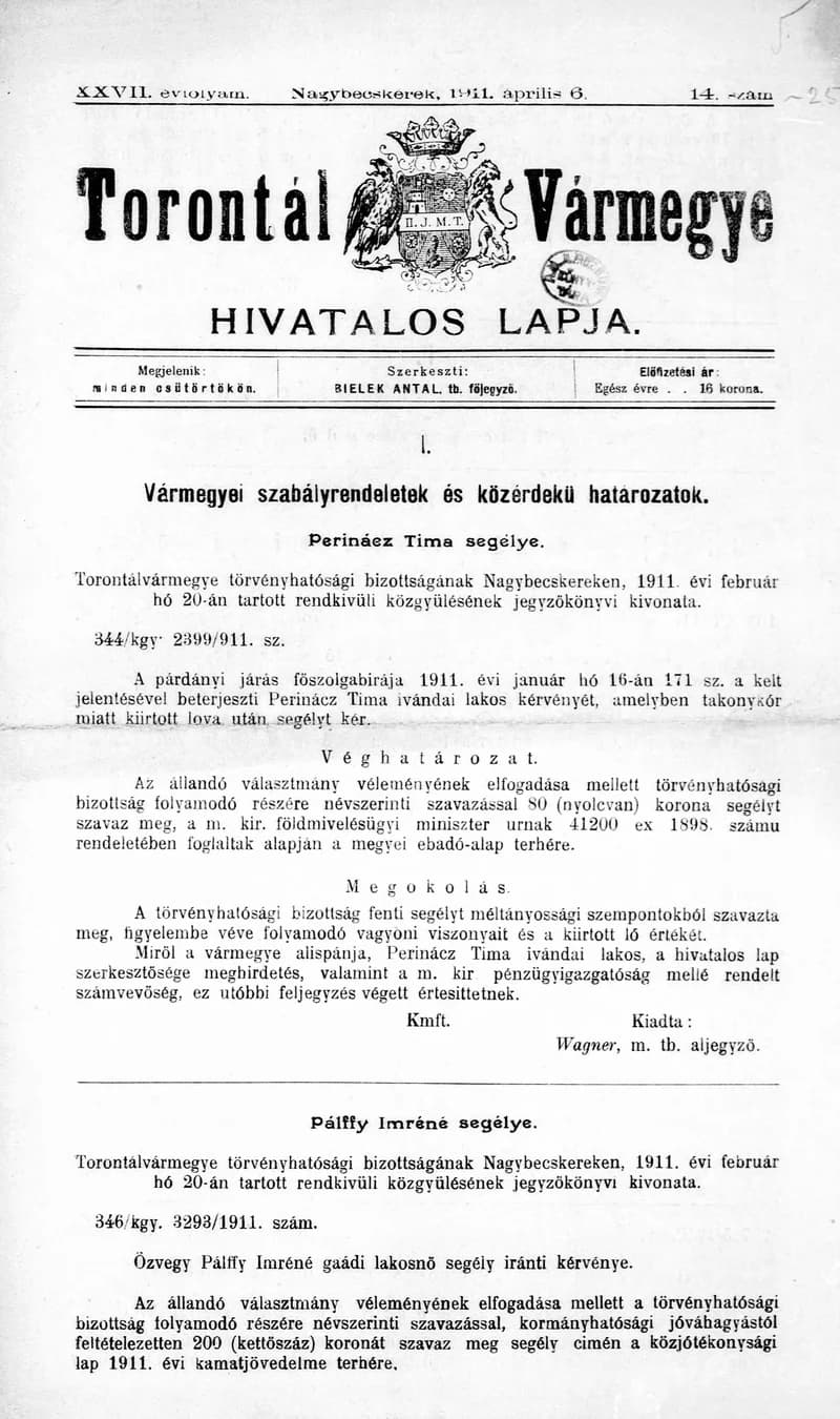 Torontál Vármegye Hivatalos Lapja, 27. évf. 1911. április 6. 14. sz.