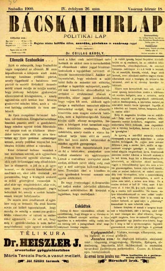 Bácskai Hirlap, 4. évf. 1900. február 18. 26. sz.