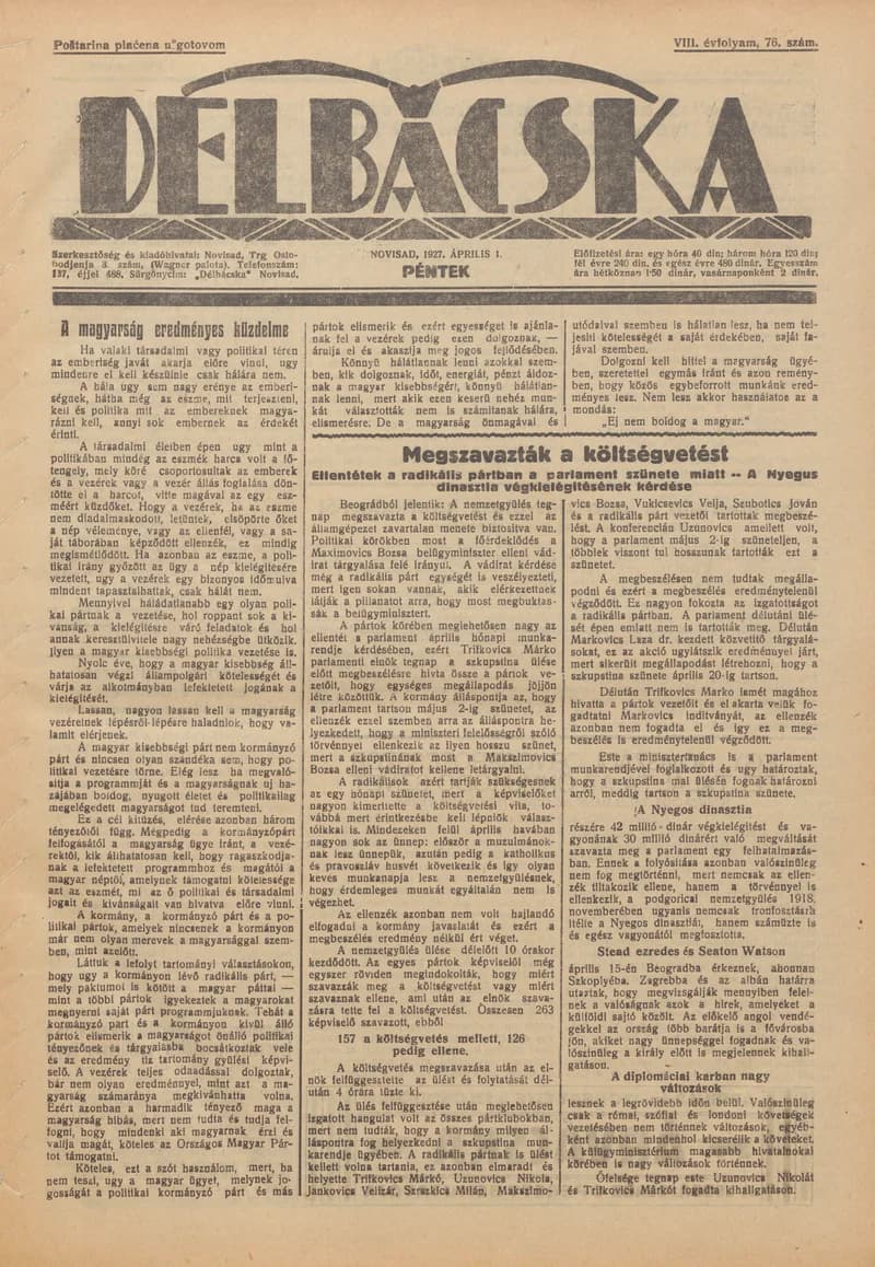 Délbácska, 8. évf. 1927. április 1. 76. sz.