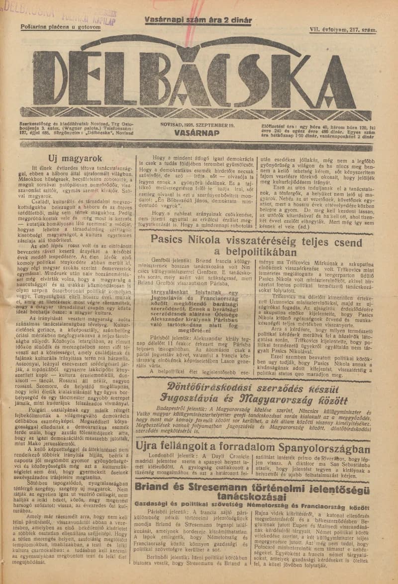 Délbácska, 7. évf. 1926. szeptember 19. 217. sz.