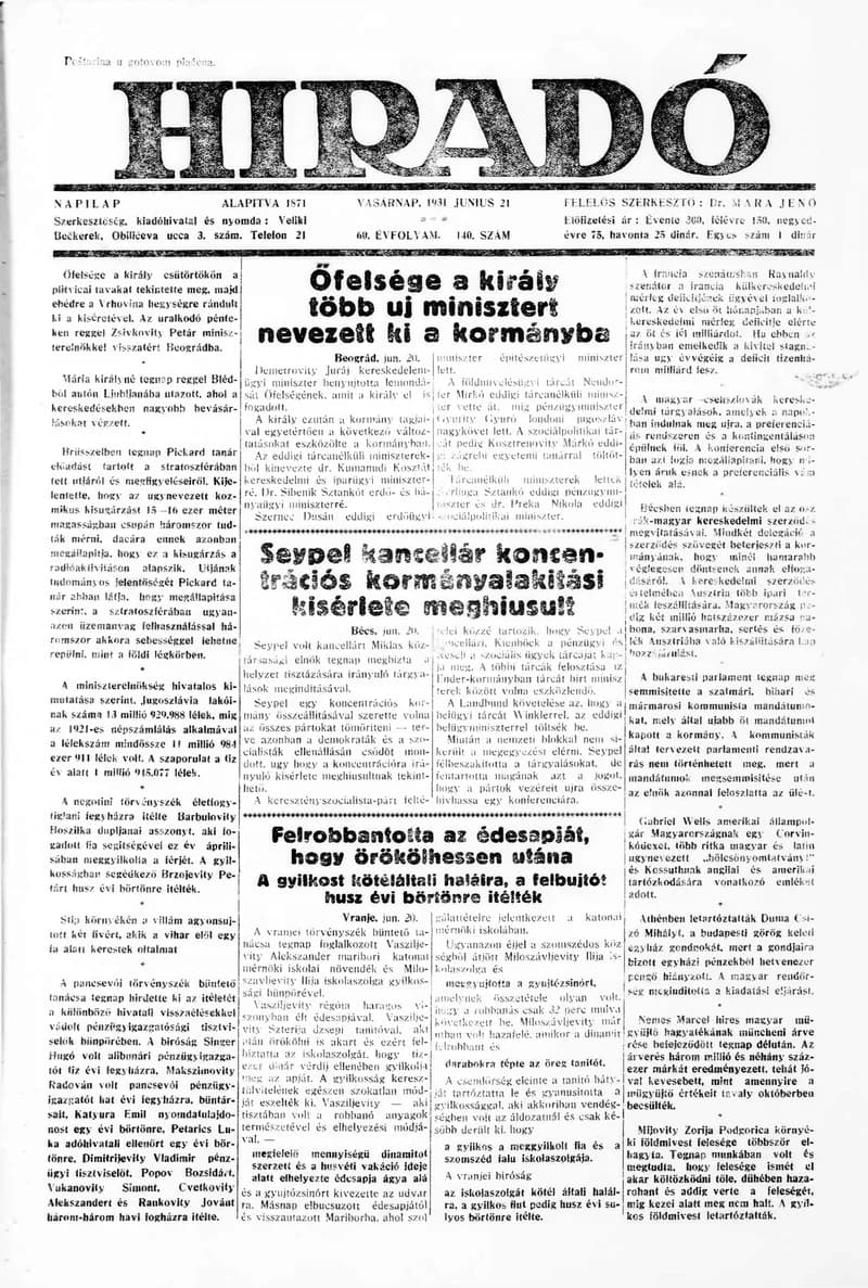 Híradó, 60. évf. 1931. június 21. 140. sz.