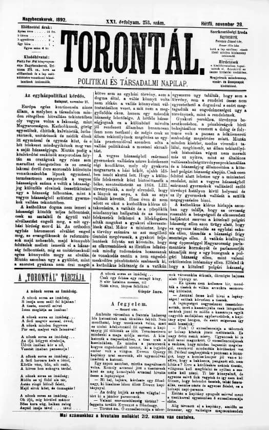 Torontál, 21. évf. 1892. november 28. 253. sz.