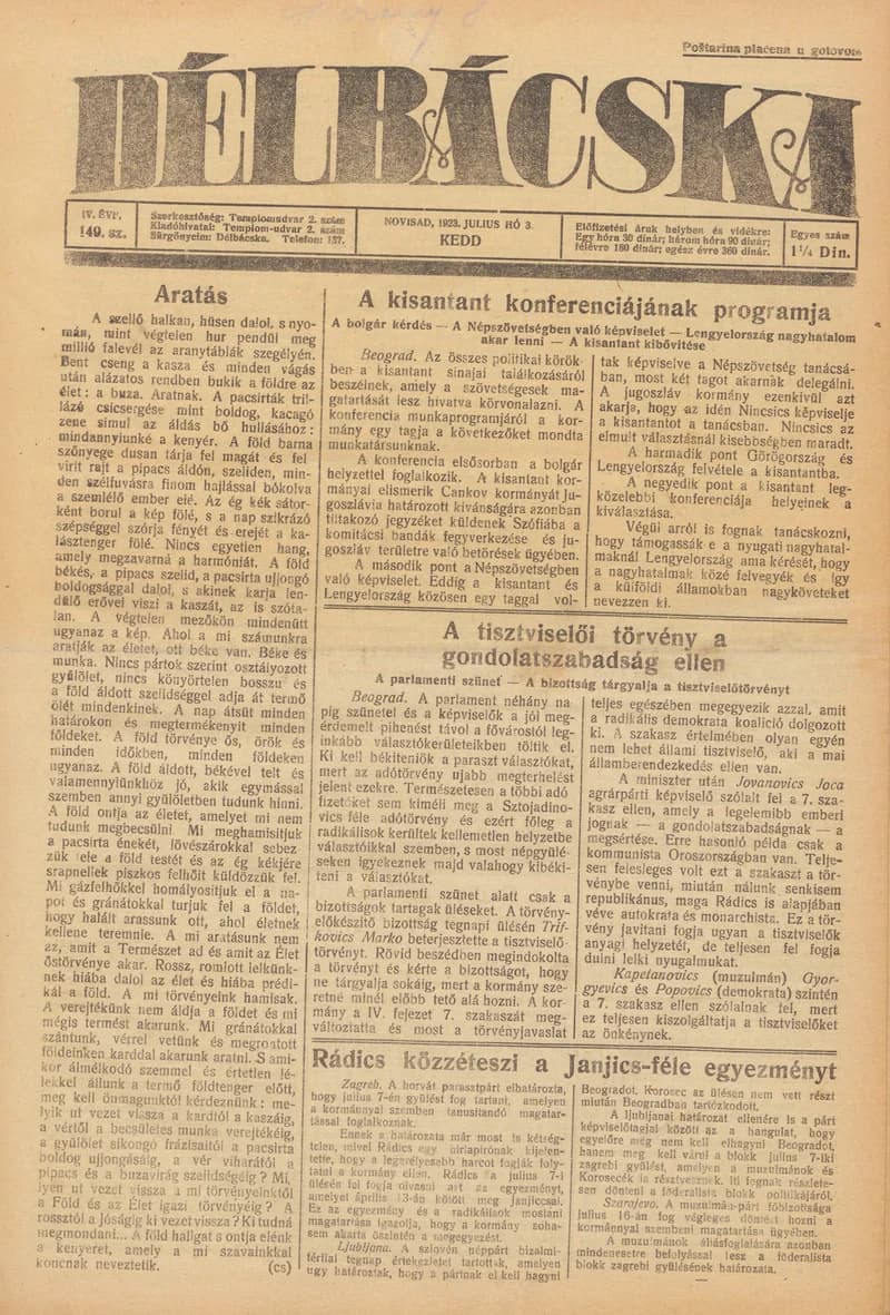 Délbácska, 4. évf. 1923. július 3. 149. sz.