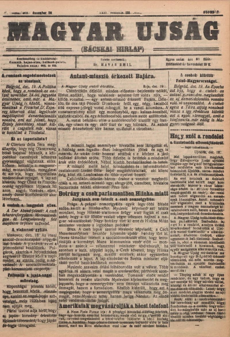 Bácskai Hirlap, 23. évf. 1919. december 20. 158. sz.