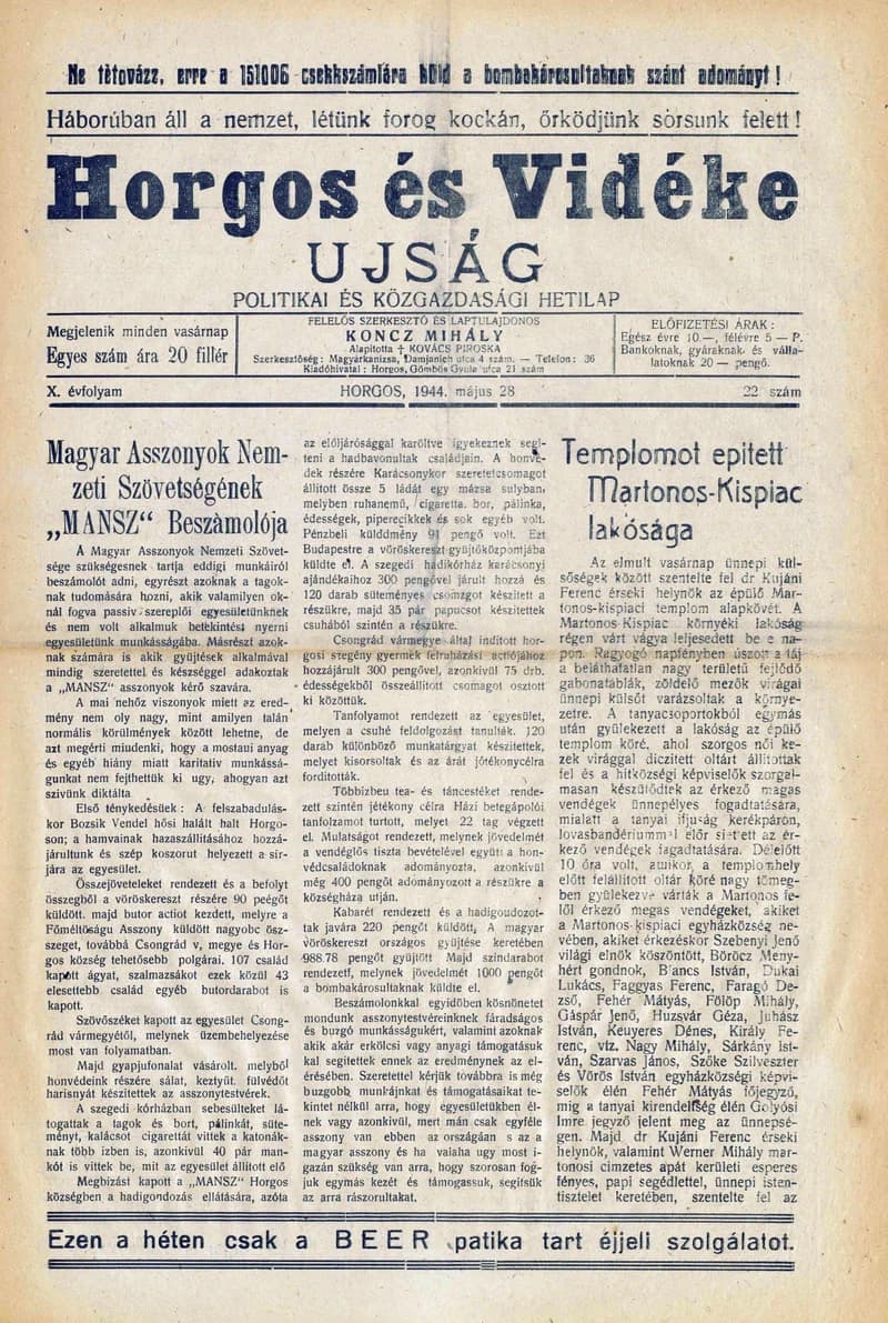 Horgos és vidéke, 9. évf. 1944. május 28. 22. sz.