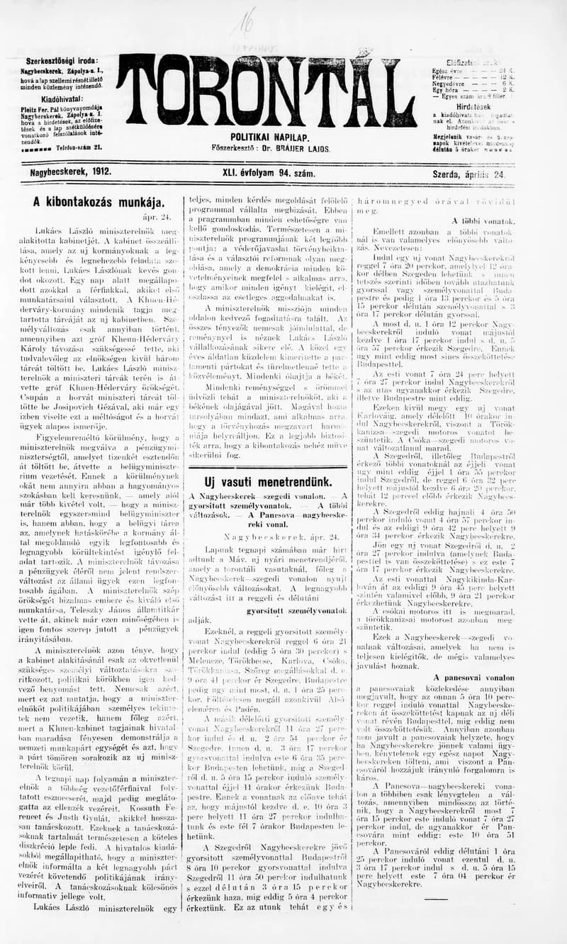 Torontál, 41. évf. 1912. április 24. 94. sz.
