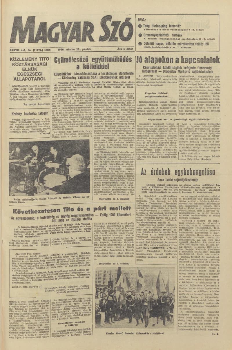 Magyar Szó, 37. évf. 1980. március 28. 86. sz. 1–20. oldal