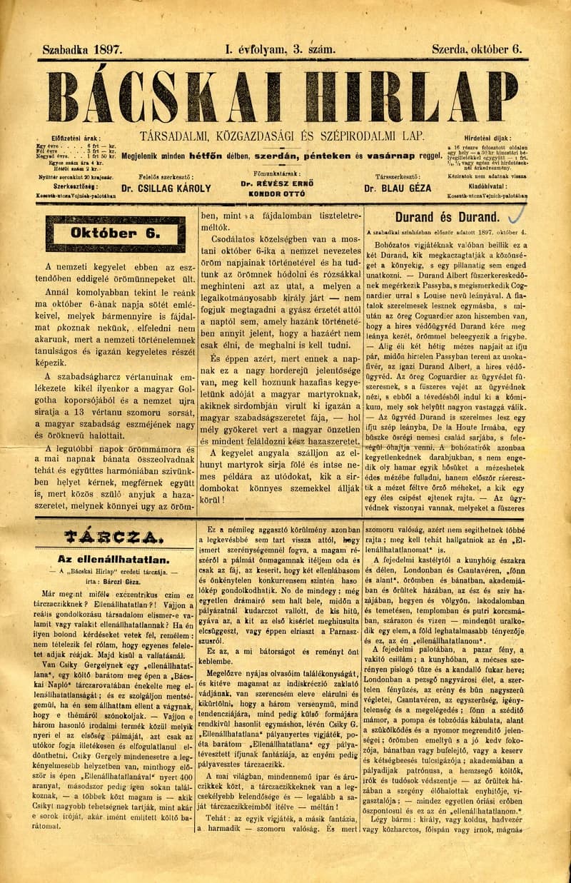 Bácskai Hirlap, 1. évf. 1897. október 6. 3. sz. 1–4. oldal