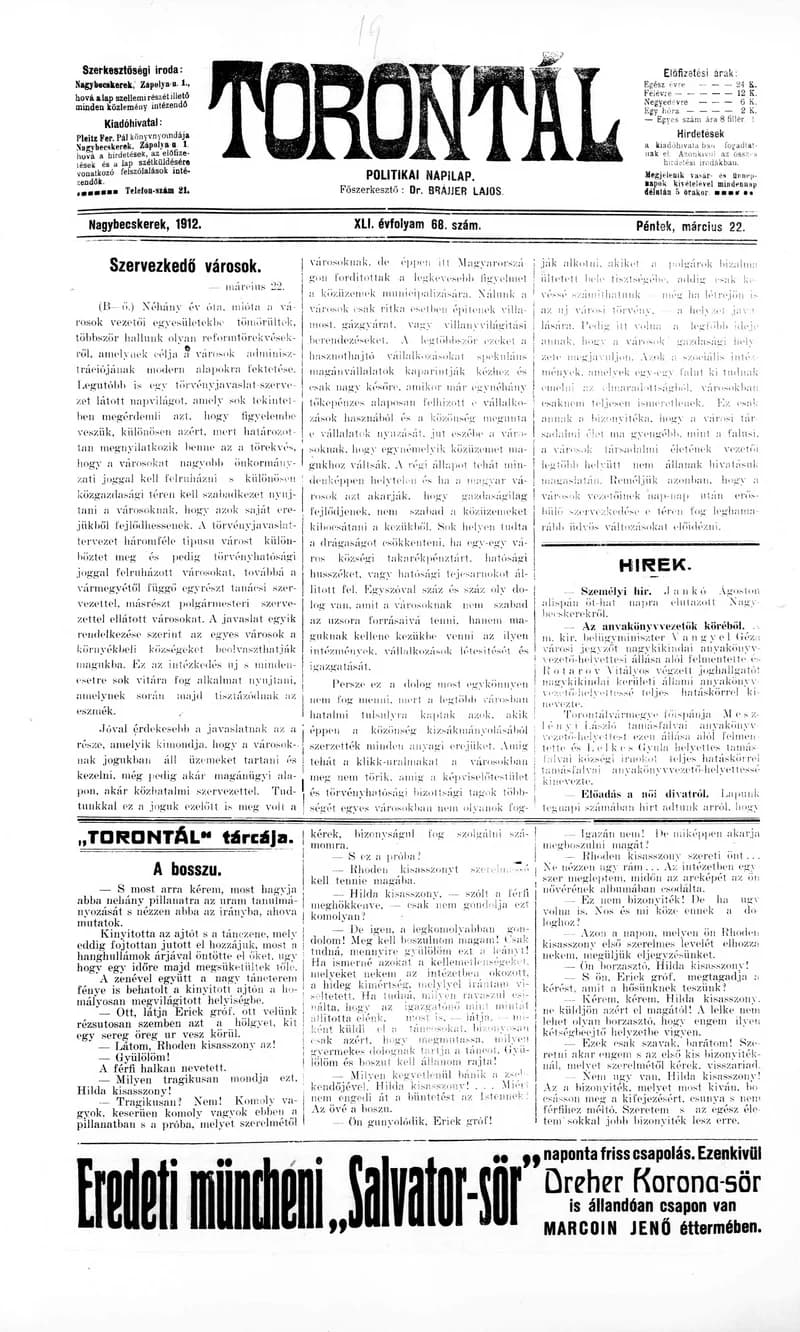 Torontál, 41. évf. 1912. március 22. 68. sz.