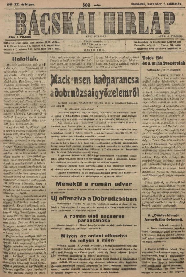 Bácskai Hirlap, 20. évf. 1916. november 2. 502. sz.