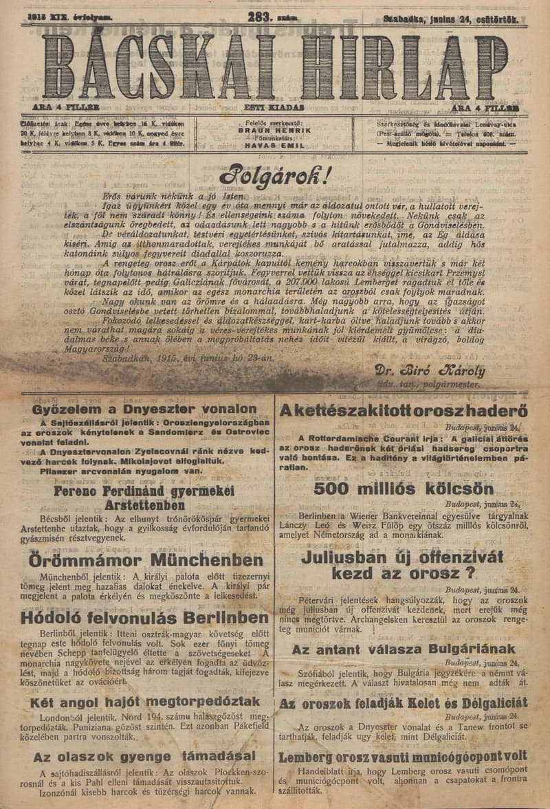 Bácskai Hirlap, 19. évf. 1915. június 24. 283. sz.