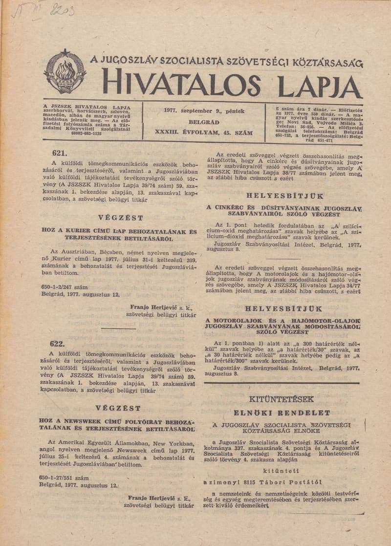 A Jugoszláv Szocialista Szövetségi Köztársaság Hivatalos Lapja, 33. évf. 1977. szeptember 9. 45. sz. 1737–1764. oldal