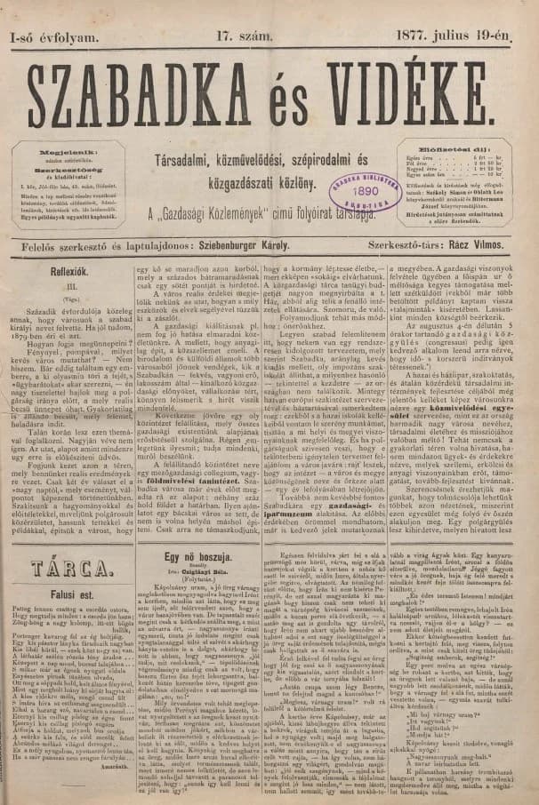 Szabadka és vidéke, 1. évf. 1877. július 19. 17. sz.