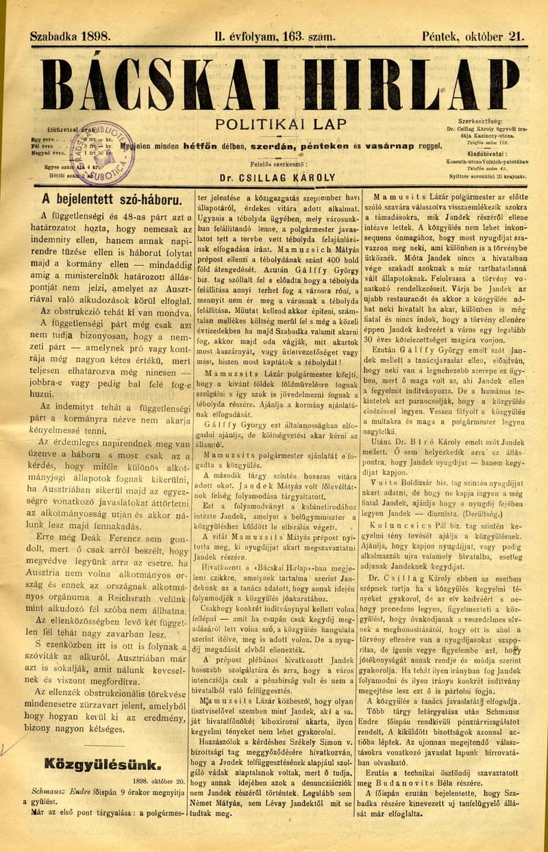 Bácskai Hirlap, 2. évf. 1898. október 21. 163. sz. 1–4. oldal