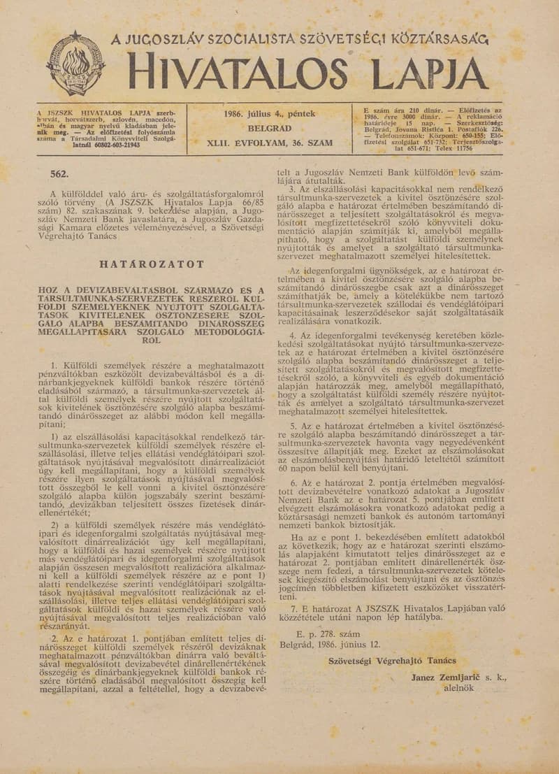 A Jugoszláv Szocialista Szövetségi Köztársaság Hivatalos Lapja, 42. évf. 1986. július 4. 36. sz. 1093–1116. oldal