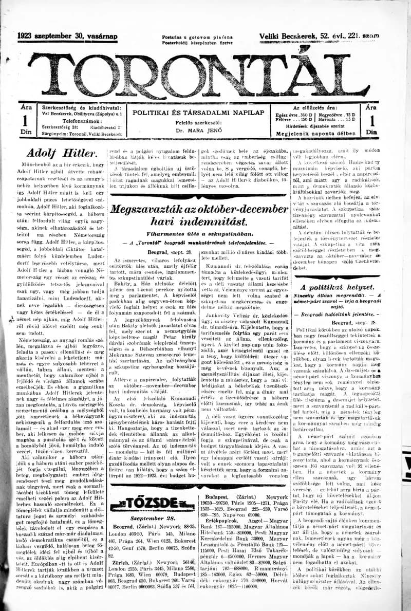 Torontál, 52. évf. 1923. szeptember 30. 221. sz.