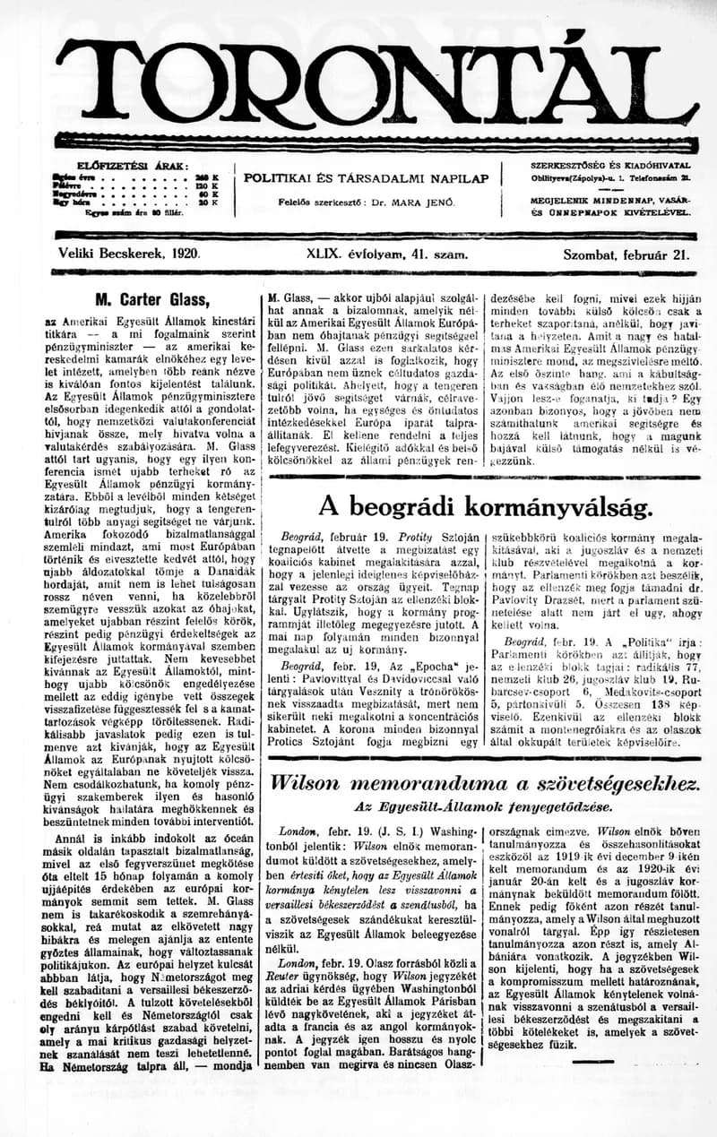 Torontál, 49. évf. 1920. február 21. 41. sz.