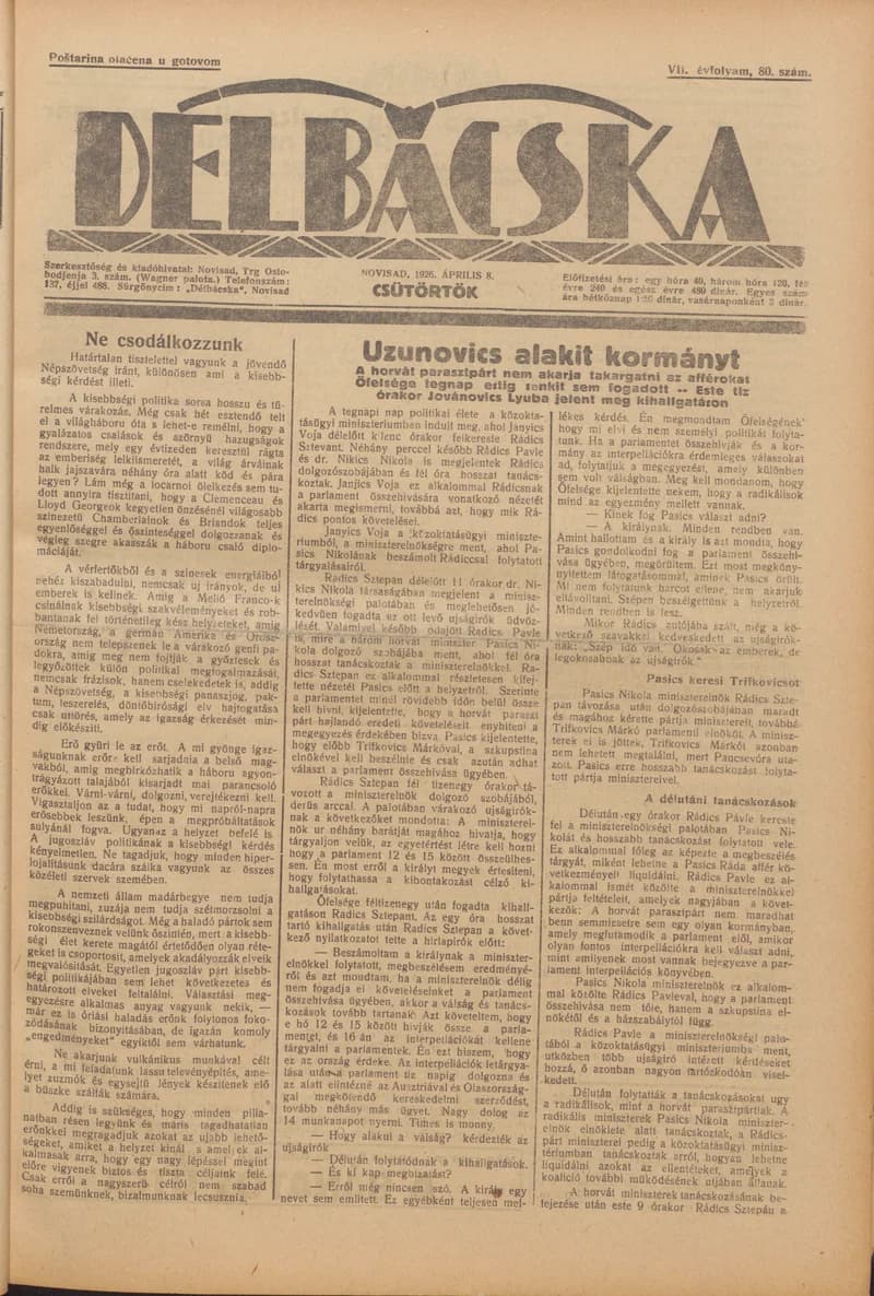 Délbácska, 7. évf. 1926. április 8. 80. sz.