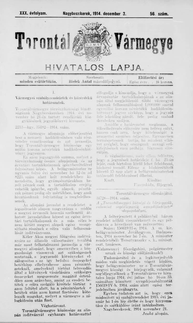 Torontál Vármegye Hivatalos Lapja, 30. évf. 1914. december 3. 56. sz.