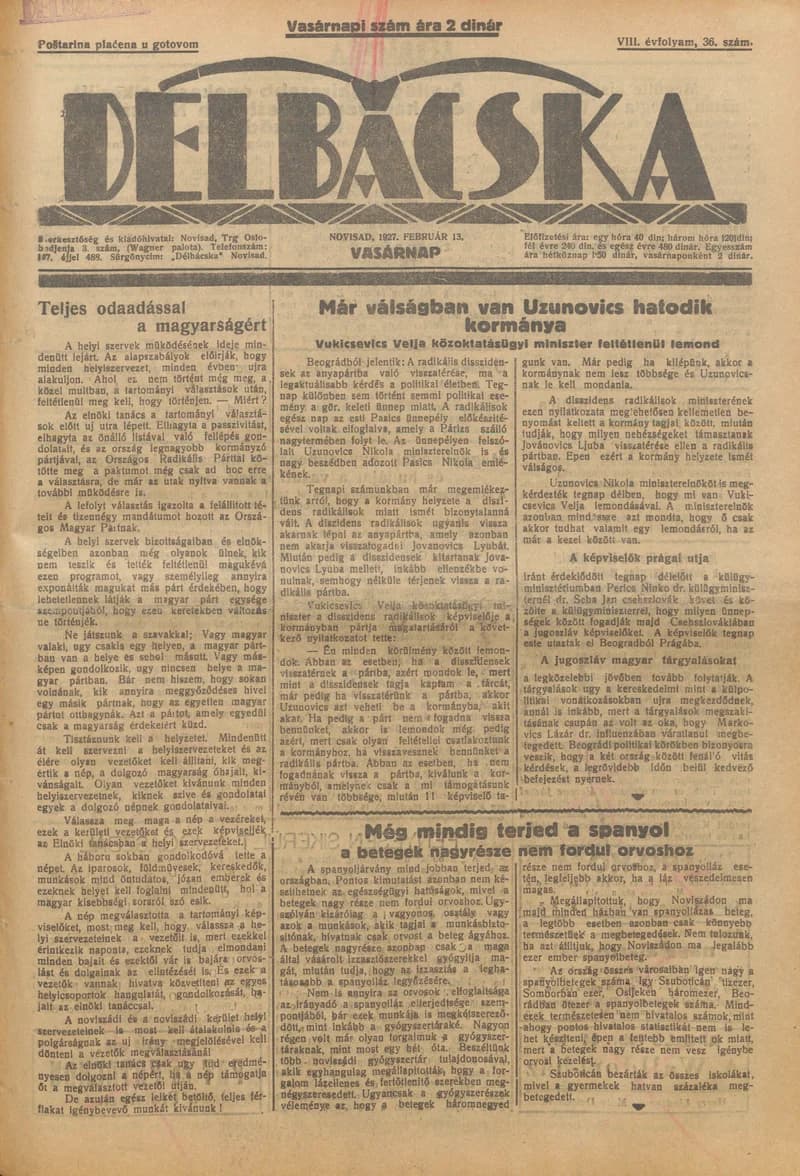 Délbácska, 8. évf. 1927. február 13. 36. sz.