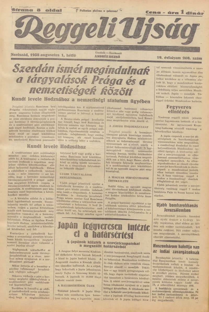 Reggeli Újság, 19. évf. 1938. augusztus 1. 208. sz.